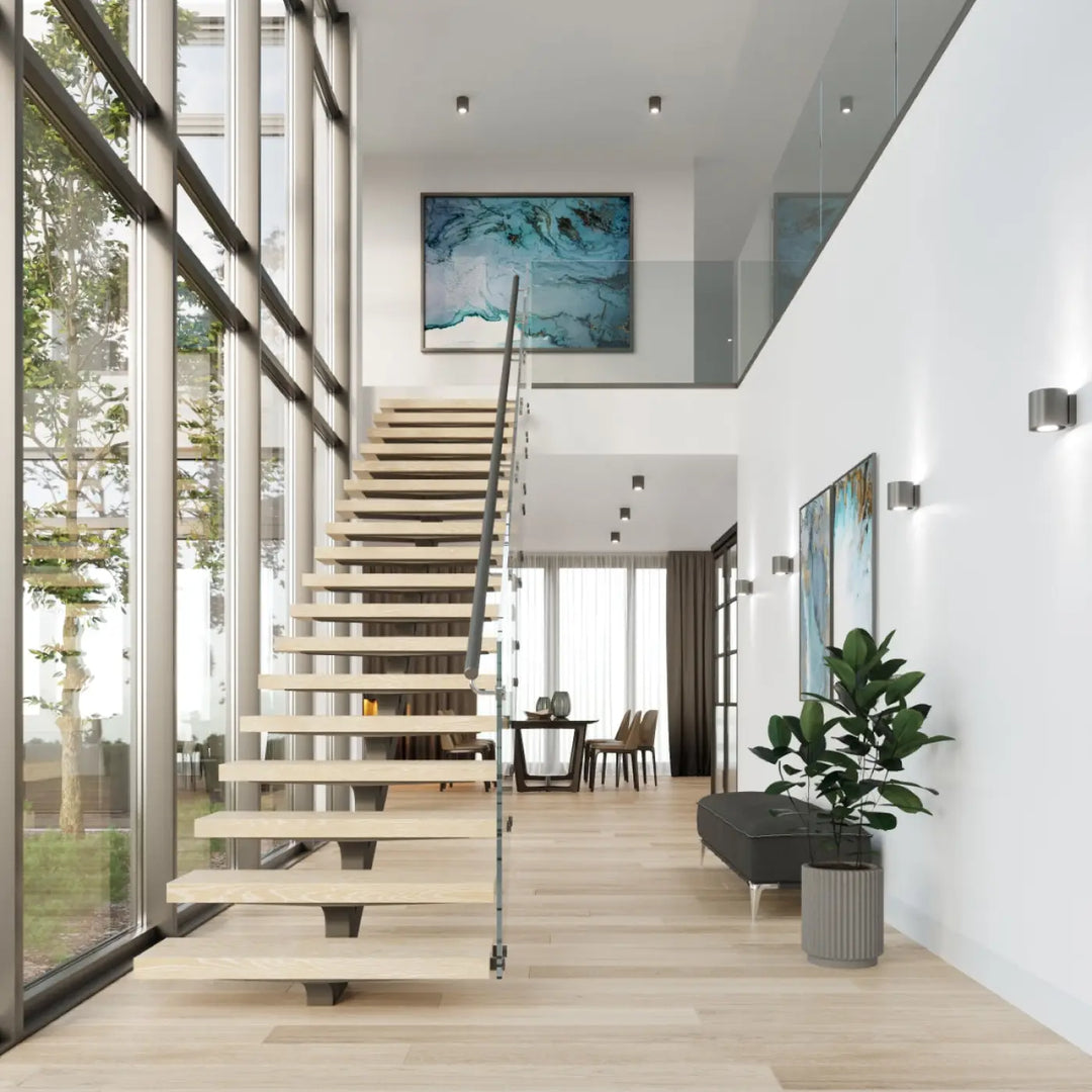 Modern minimalist kinkiet orbis en anthracite avec bois naturel et rampes en métal noir pour escalier design