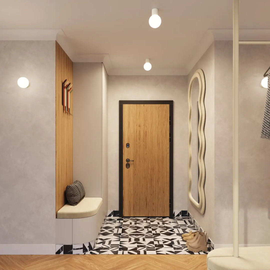 Porte en bois à grain vertical avec cadre noir et poignée métallique pour bureau décorative lampe halo sphère laiteuse