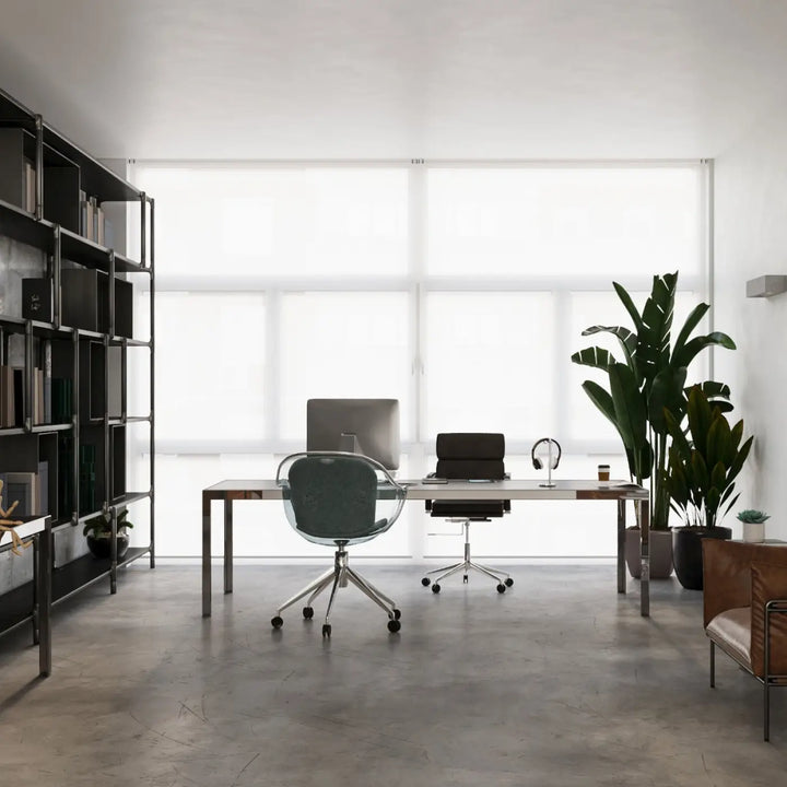 Moderne bureau minimaliste avec structure métallique et plateau bois foncé dans une atmosphère harmonieuse l’applique murale vega béton moderne
