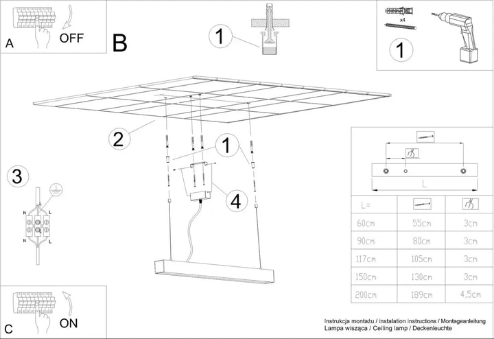 Luminaire plafonnier pinne 90 blanc avec lampe suspendue rectangulaire et paramètres d’éclairage à leds multiples