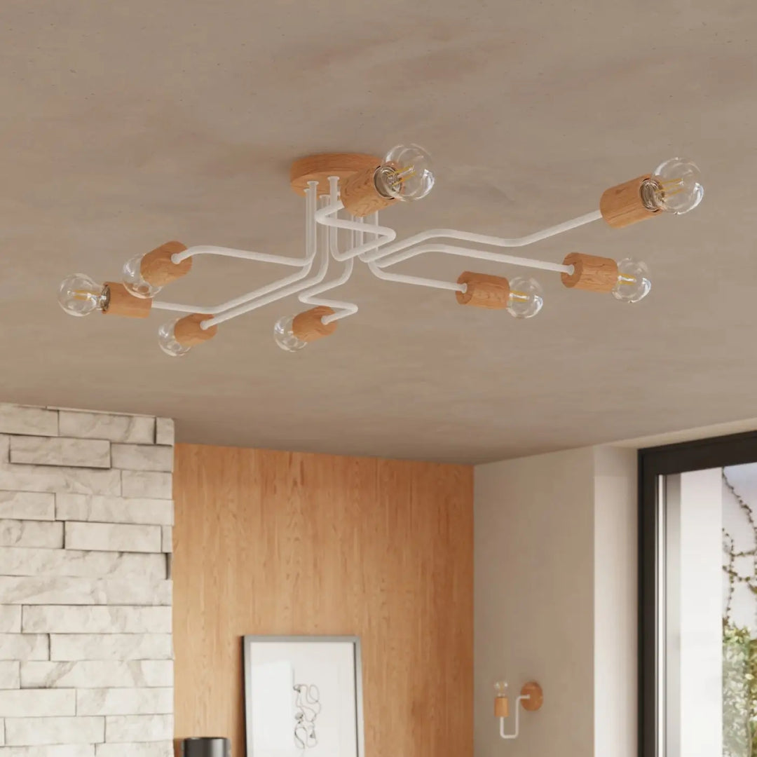 Applique murale lampe timbo blanc en métal moderne avec lustre à six ampoules filament et accents bois naturel