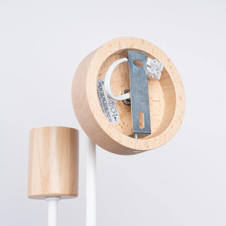 Applique murale lampe timbo blanc avec base circulaire en bois et abat-jour cylindrique moderne avec visserie métallique visible