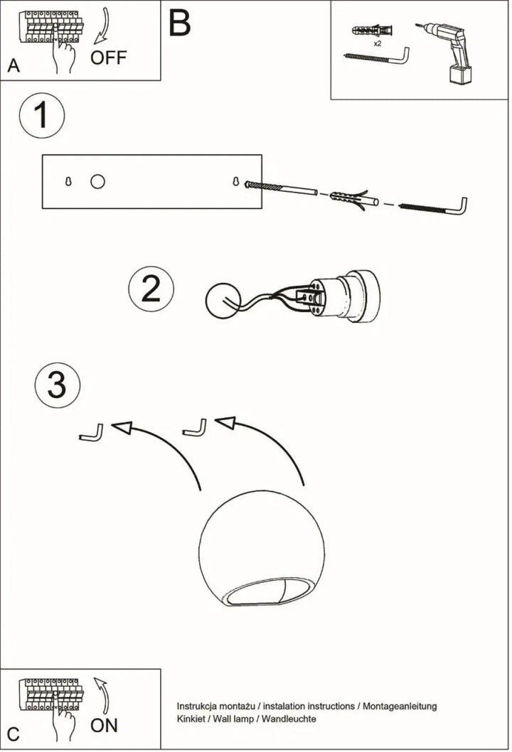 Instruction d’installation pour applique murale moderne céramique globe offrant une belle lumière avec schémas et outils