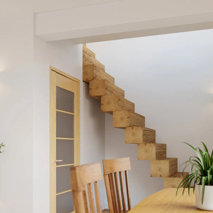 Applique murale ve ga en céramique moderne avec un escalier en bois clair aux motifs d anneaux de croissance visibles