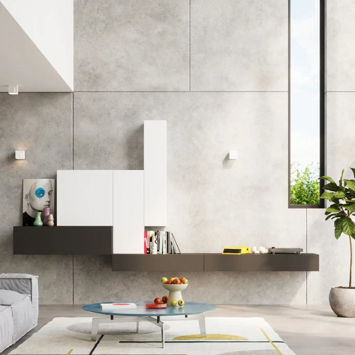Applique murale moderne pixar en blanc et gris foncé avec étagère flottante minimaliste et spectacle lumineux design