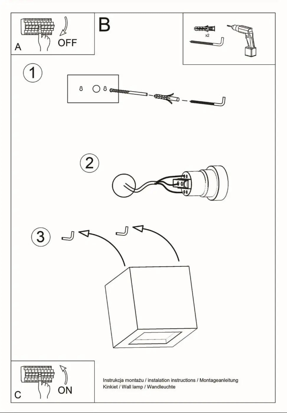Diagramme dinstallation étape par étape dune applique murale céramique leo blanche montrant les composants et outils