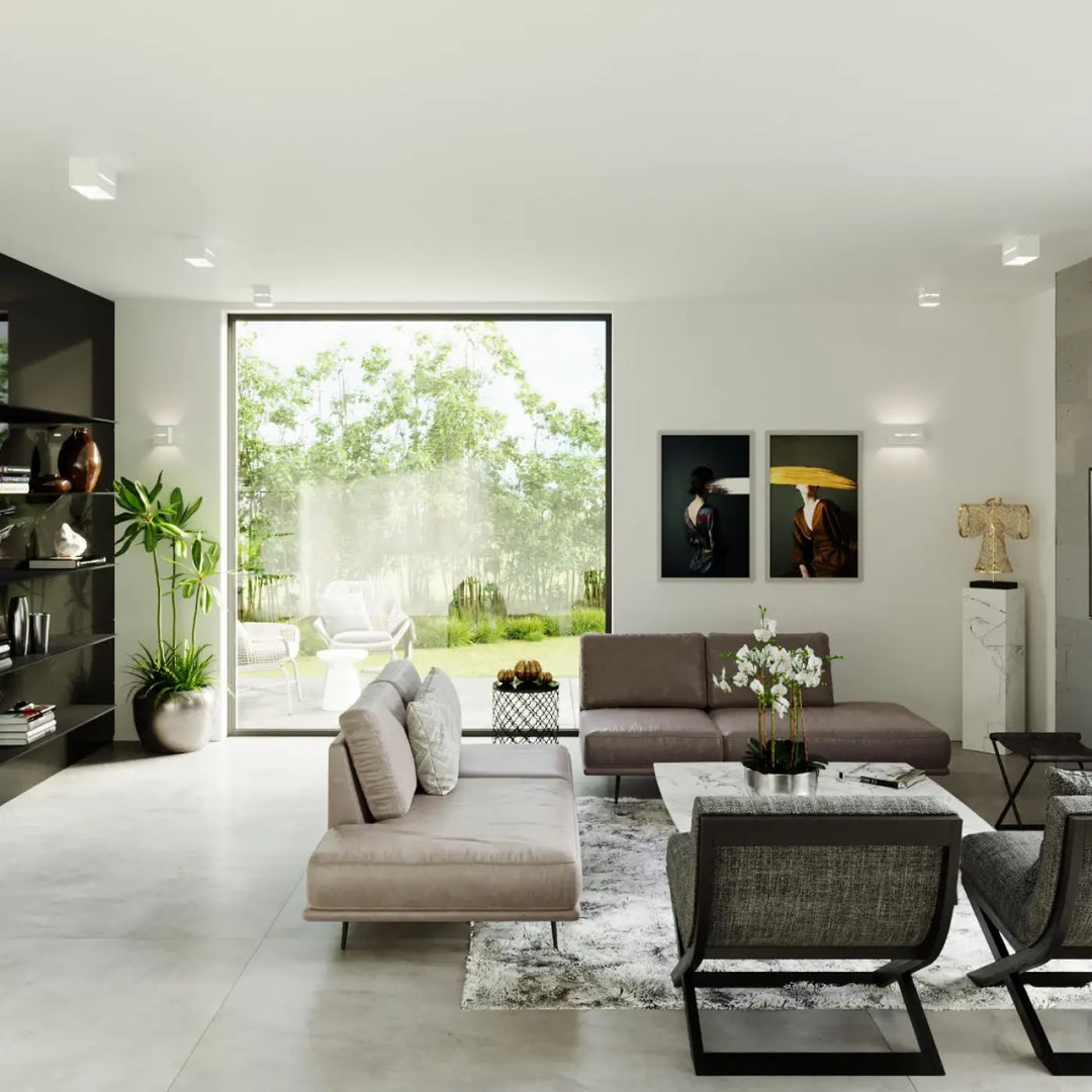 Modern gray sectional sofa with plush cushions and sleek black metal legs in l’applique murale lobo blanc design featuring perforation linéaire