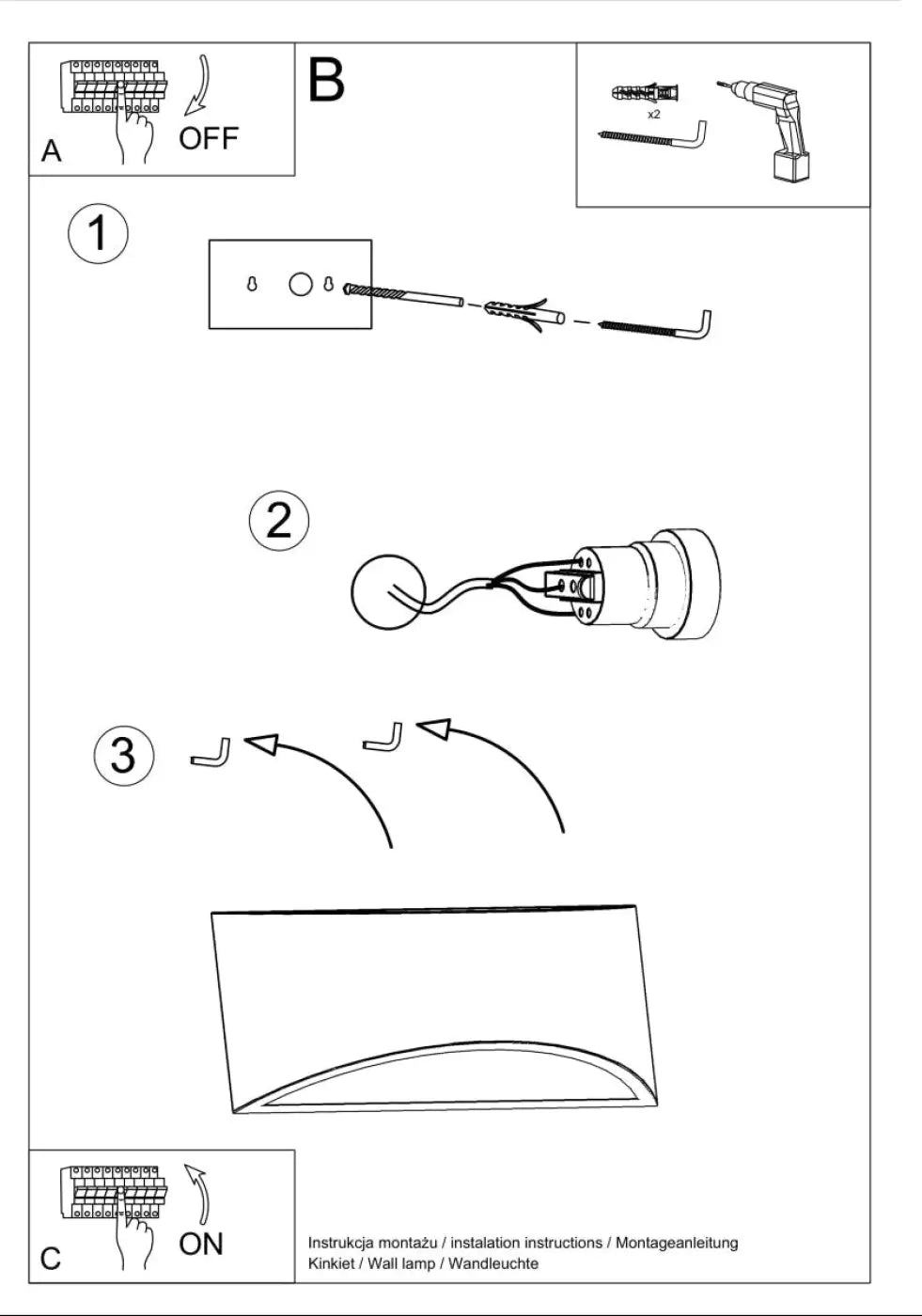Diagramme noir et blanc montrant linstallation de l’applique vixen blanc brillant pour créer une atmosphère unique simple