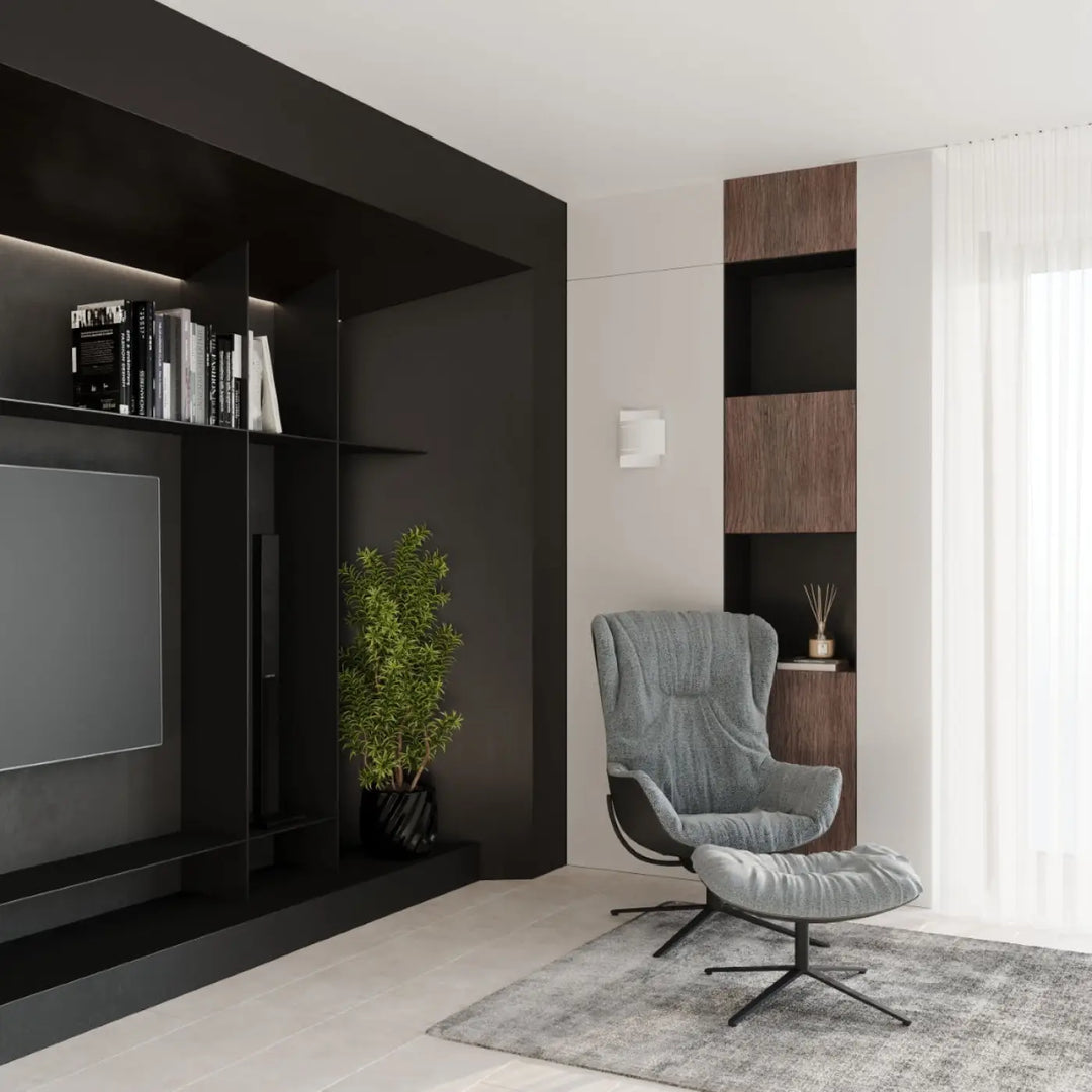 Fauteuil lounge gris en tissu avec base en métal noir et ottoman assorti pour lampe murale hestia design original