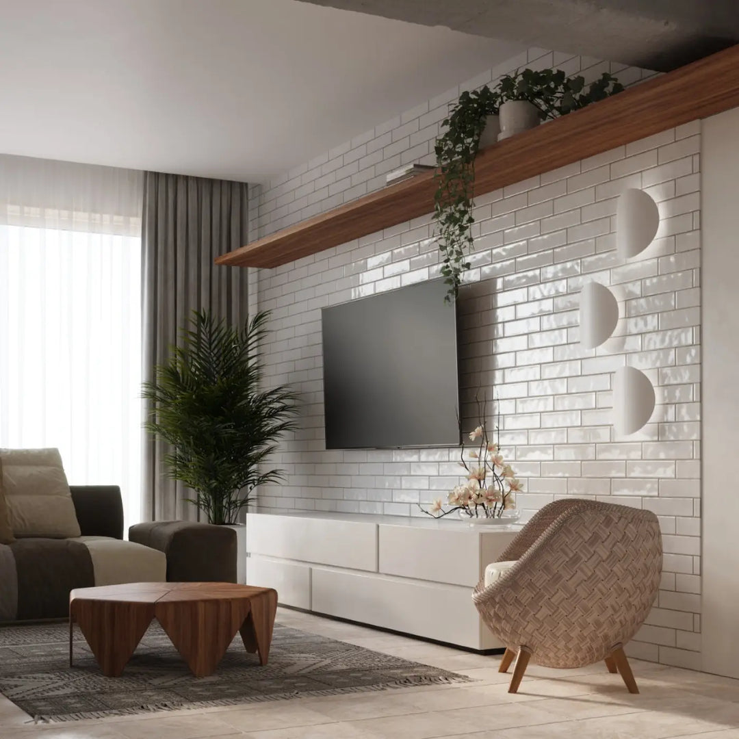 Applique murale senses blanc avec mur en briques et luminaire intemporel design original fera en bois et cercles modernes