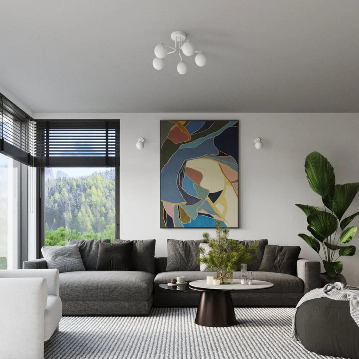 Applique murale astral 1 édition minimaliste avec peinture abstraite moderne en bleu beige et tons terreux au-dessus du sofa