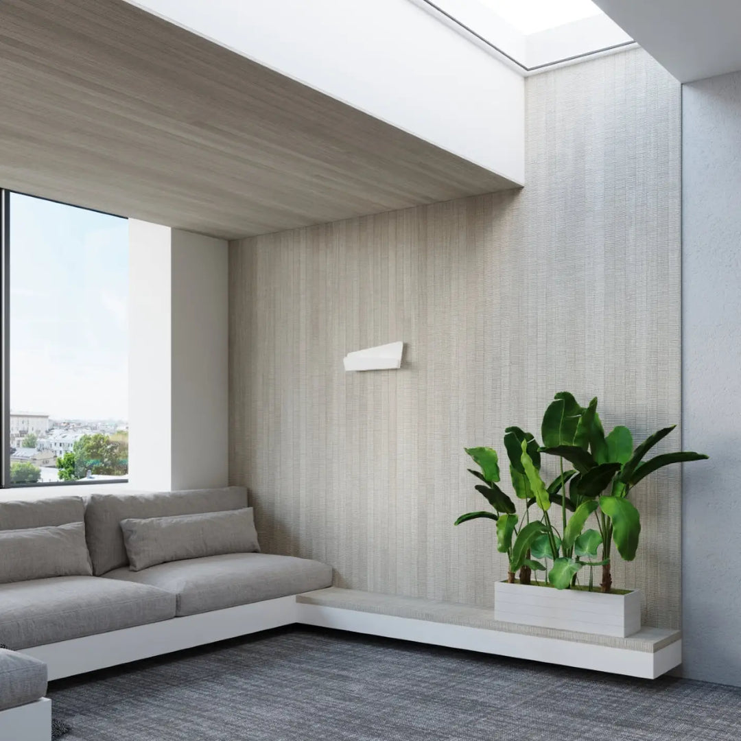 Applique murale originale bascia blanc avec plante tropicale verte dans un planter rectangulaire blanc solution minimaliste chambre à coucher