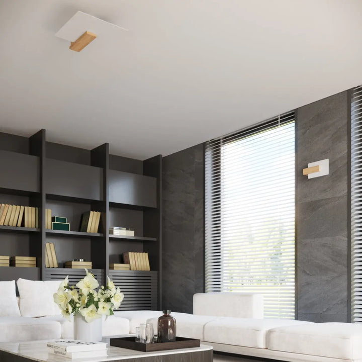 Applique murale lappo avec corps rectangulaire blanc et accent bois naturel design intemporel exceptionnellement élégante