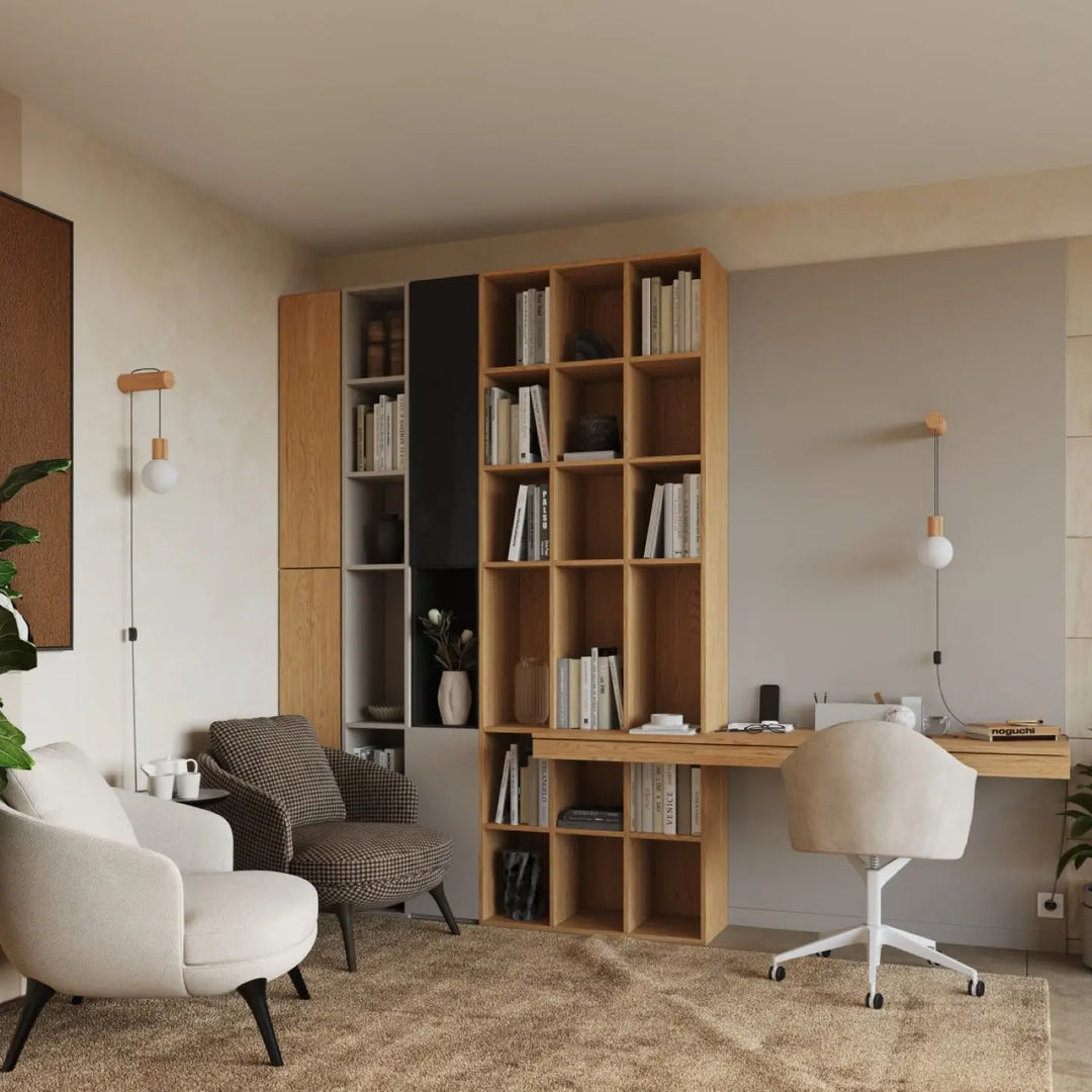 Applique murale nibmi g9 en bois clair avec panneaux noirs intégrés combine design minimaliste et matériaux naturels