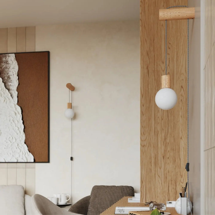 Applique murale nibmi g9 avec interrupteur design minimaliste avec abat-jour en verre blanc et bois naturel pour atmosphère chaleureuse