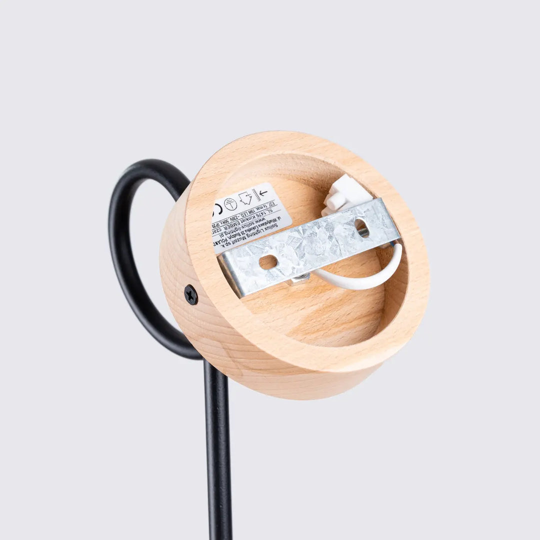 Applique murale lampe ember avec base en bois rond et pied en métal noir design moderne et matériaux naturels