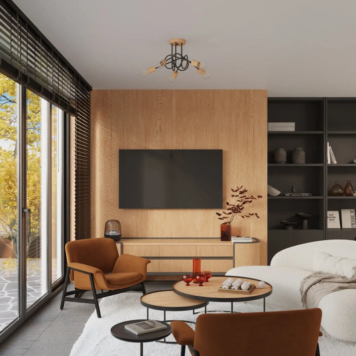Applique murale ember noire avec design moderne intégrée dans un salon minimaliste aux matériaux naturels