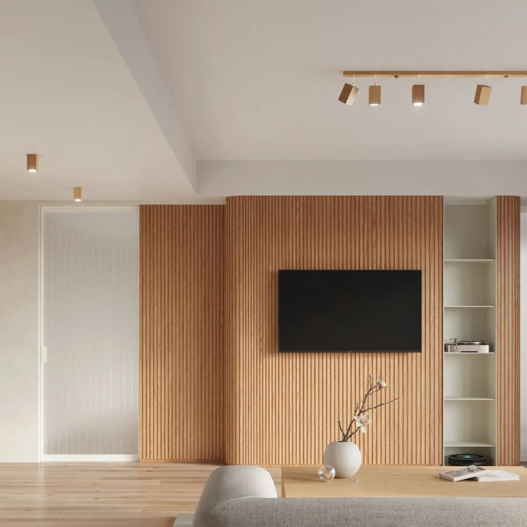 Télévision écran plat noir mountée sur applique keke en chêne style loft pour sentez-vous mieux