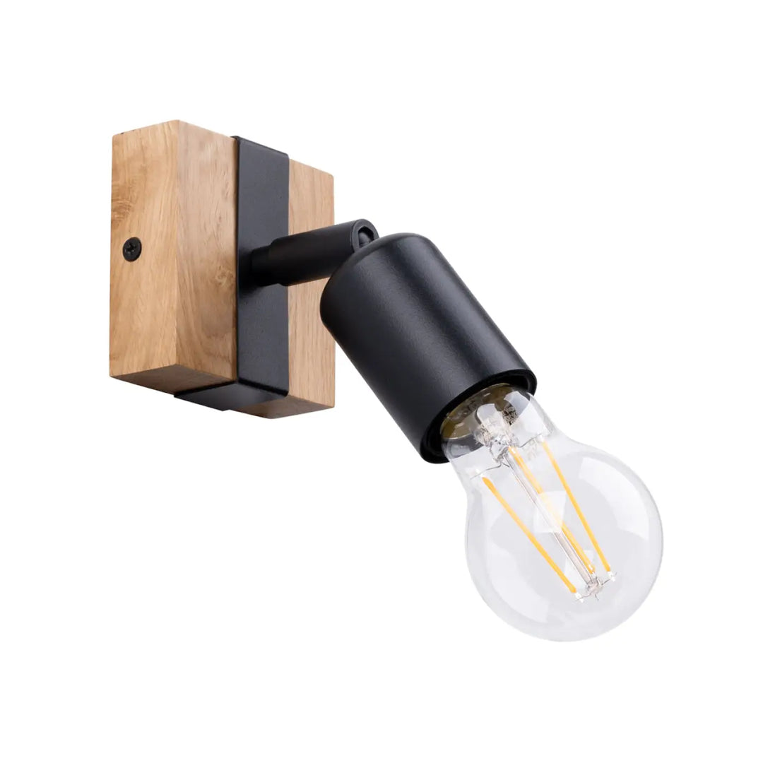 Applique murale industrielle zuca noire avec ampoule décorative visible sur support en bois et bras en métal noir
