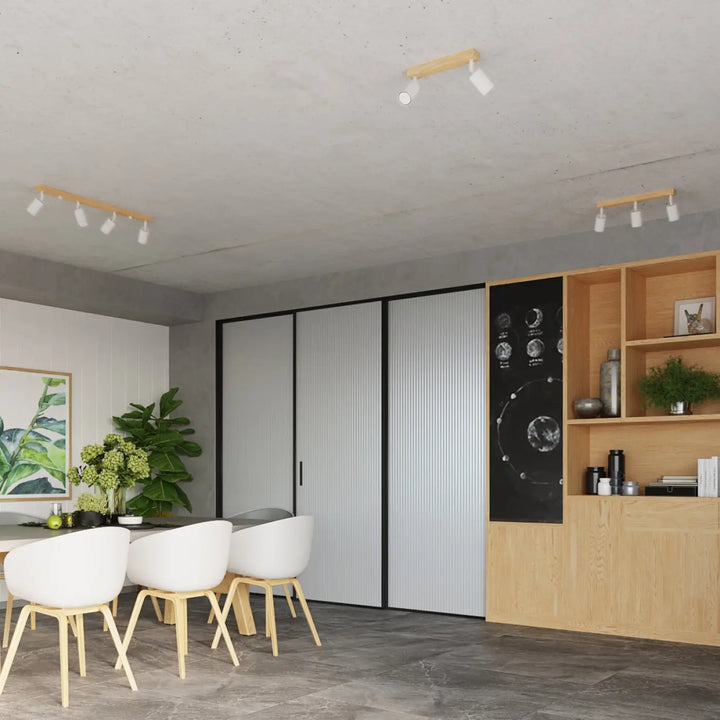Applique murale plafonnier verdo blanc en bois moderne avec têtes de lampe blanches sur plafond en béton design moderne