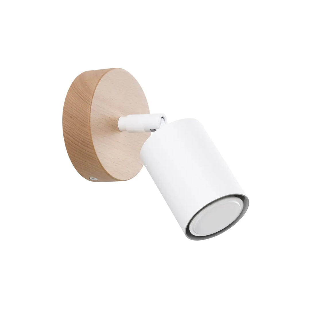 Applique murale verdo blanc avec spot cylindrique et base circulaire en bois naturel design moderne plafonnier verdo