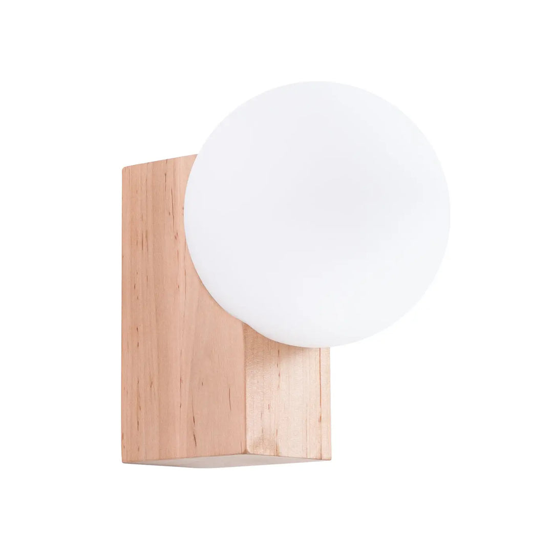 Applique plafonnier minimaliste avec base en bois naturel rectangulaire et abat-jour sphérique en verre dépoli blanc