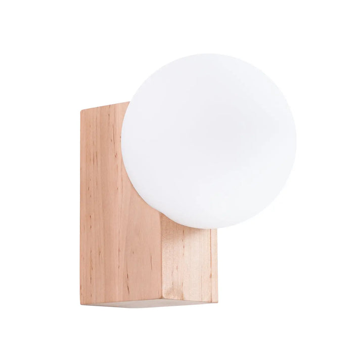 Applique plafonnier minimaliste avec base en bois naturel rectangulaire et abat-jour sphérique en verre dépoli blanc