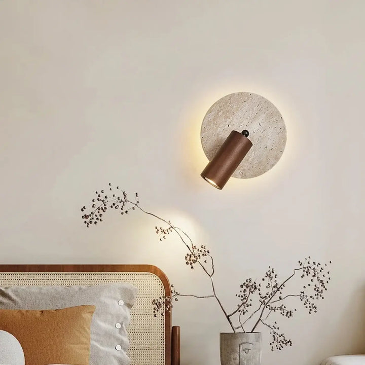 Applique murale bois naturel et pierre travertin led beige