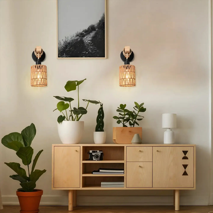 Applique Murale En Corde Tressée Style Bohème Noir Et Beige

