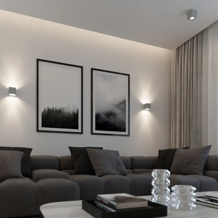 Applique murale quad béton avec cadres noirs minimalistes et magnifique décoration de scènes de forêt brumeuse