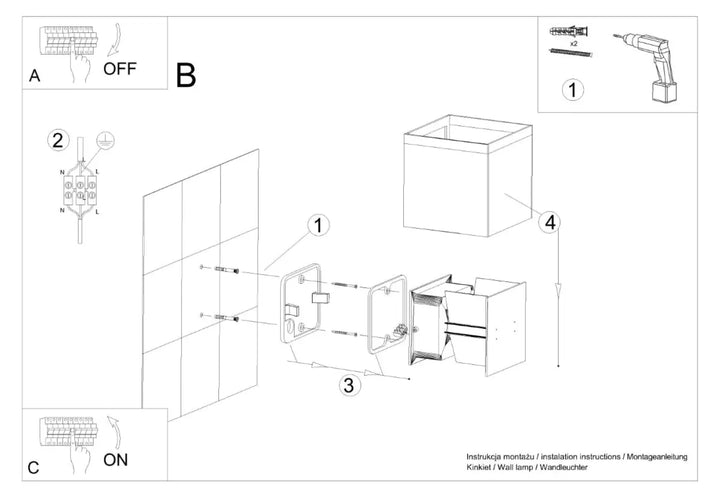 Vue éclatée de léclairage led applique luca blanche en plastique carré avec schéma de câblage pour efficacité énergétique