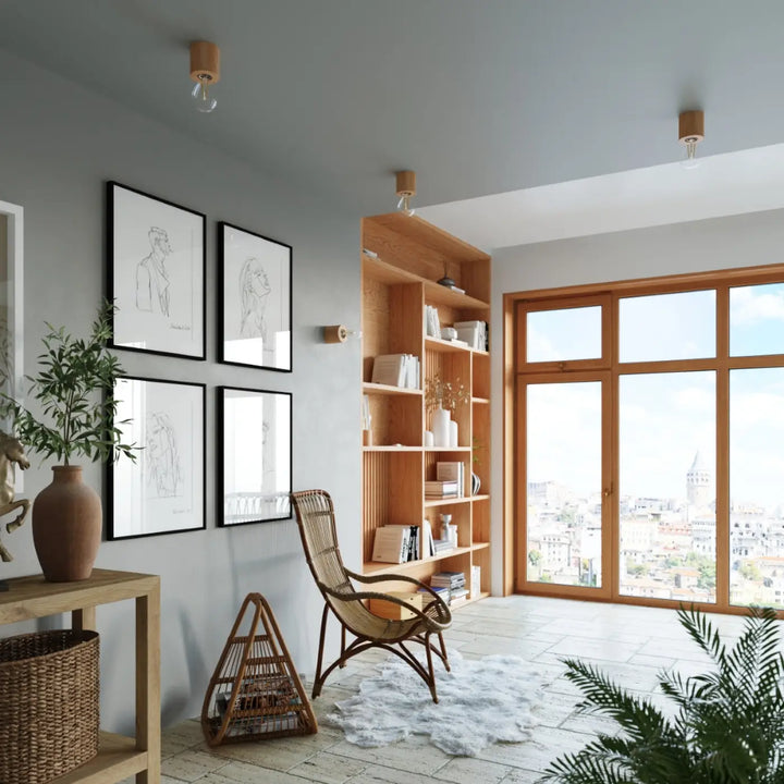 L’applique murale salgado en bois salgado naturel avec étagères ouvertes style type loft couleur chaude