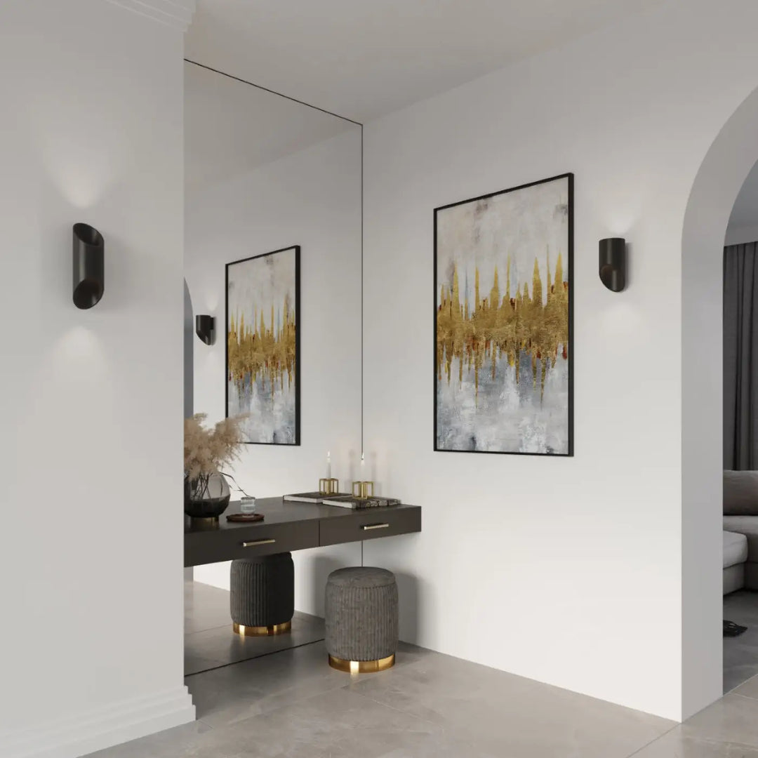 Applique murale penne 20 noir avec peinture abstraite moderne or et gris intégrant module led et l’ampoule led