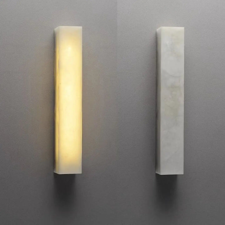 Applique murale stelia en onyx blanc poli avec veines, deux modèles rectangulaires minimalistes, ampoules sont-elles incluses