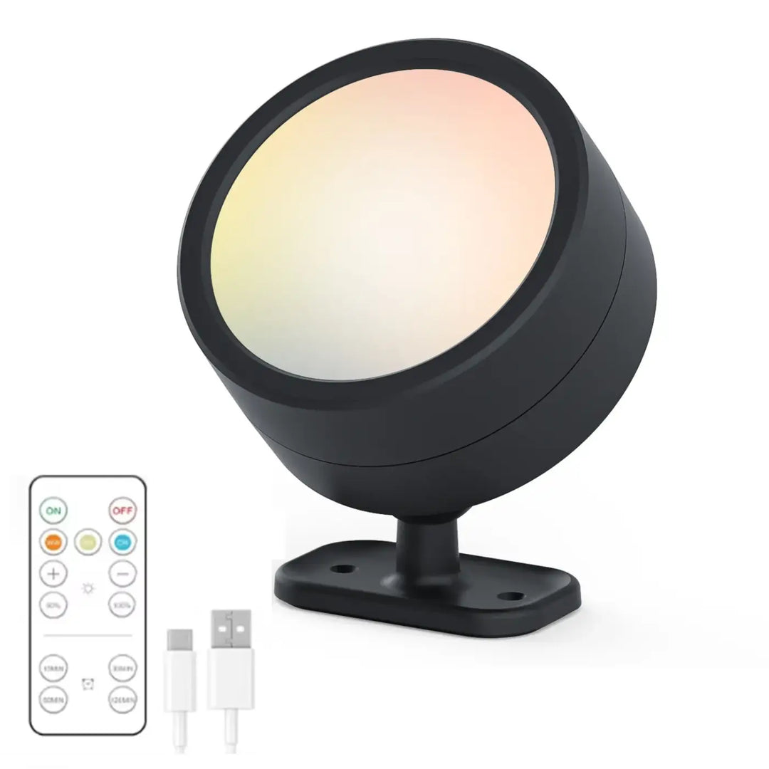 Applique murale lunis noire cylindrique avec diffuseur circulaire lumineux et réglage couleur télécommandé pour murale contemporaine