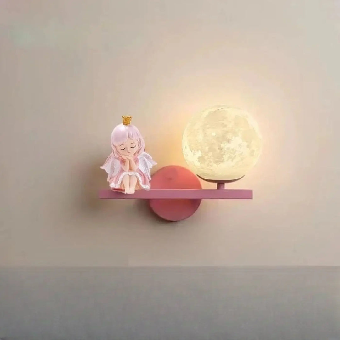Applique murale enfantine alora rose avec lune lumineuse et petit ange en figurine décorative pour chambre denfant
