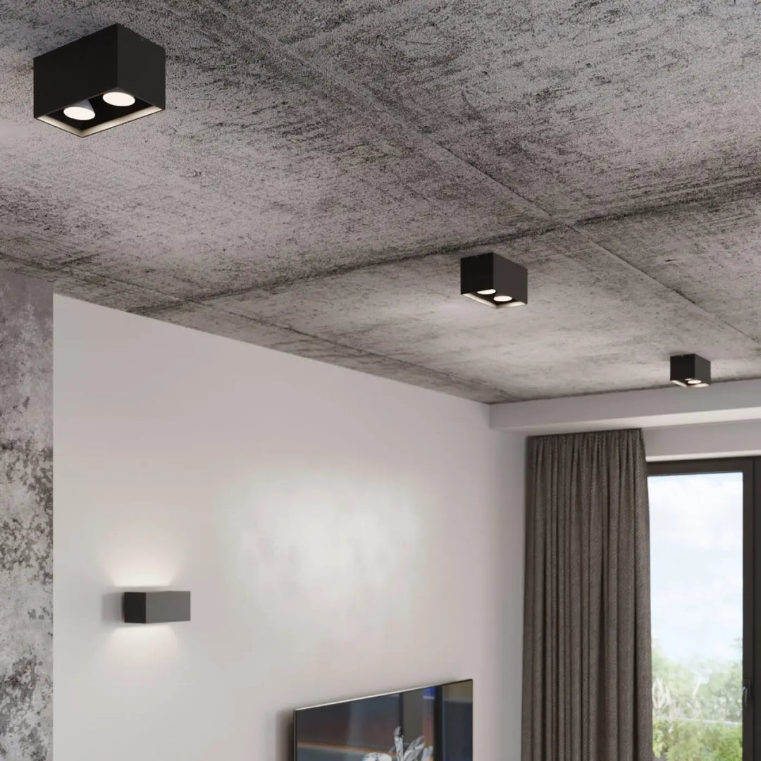 Applique murale quad maxi gris avec deux spots circulaires encastrés en bois naturel pour éclairage moderne