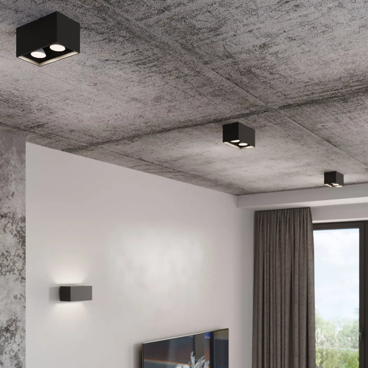 Applique murale quad maxi gris avec deux spots circulaires encastrés en bois naturel pour éclairage moderne
