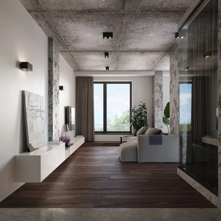 Applique murale quad maxi gris en bois naturel dans un salon moderne minimaliste avec plafond en béton apparent