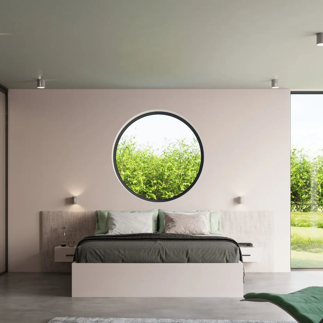 Applique murale inez moderne gris avec cadre noir et perforation linéaire sur mur rose pâle