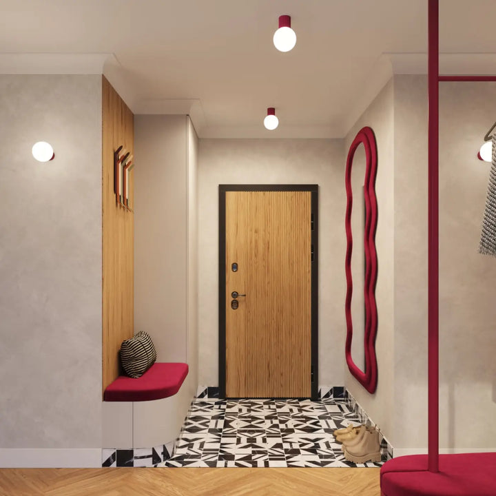 Applique murale halo avec miroir encadré ondulé rouge bordeaux idéale pour bureau décorative avec sphère laiteuse lampe halo