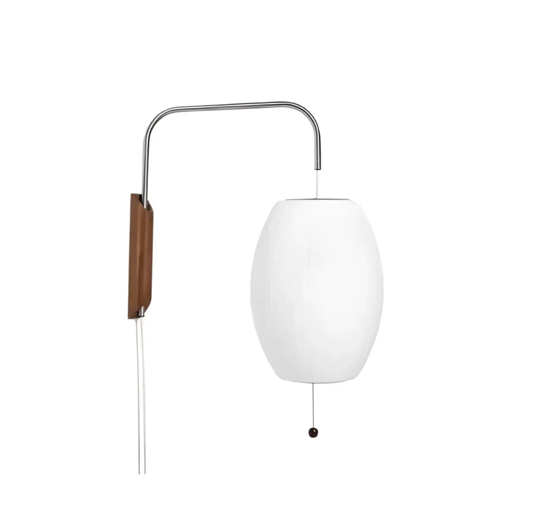 Applique murale hyggo en verre blanc ovale avec bras en chrome courbé et plaque de fixation en bois pour besoin douvrir
