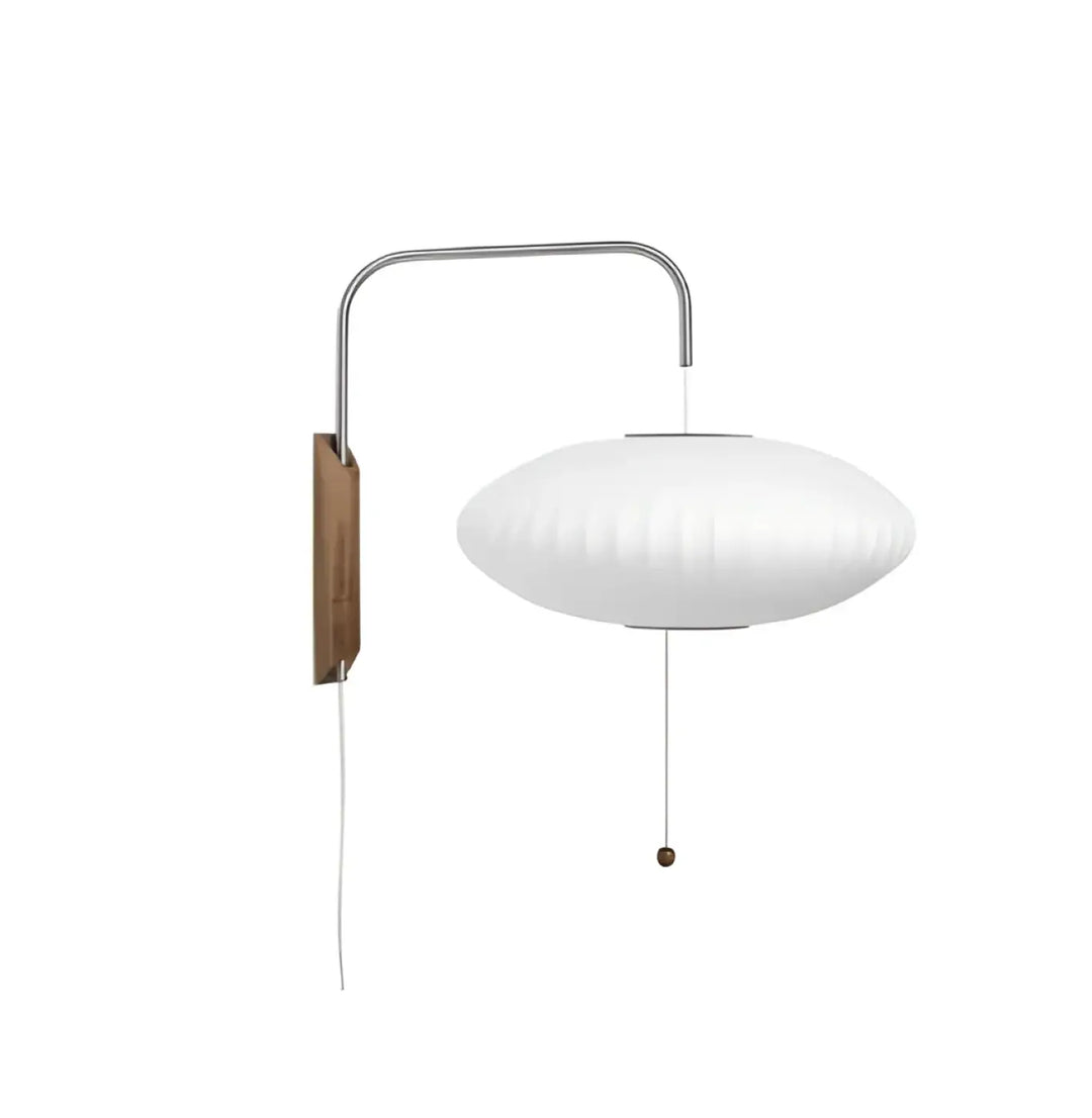 Applique murale hyggo en verre blanc côtelé avec bras métallique courbé et plaque murale en bois pour besoin d’ouvrir