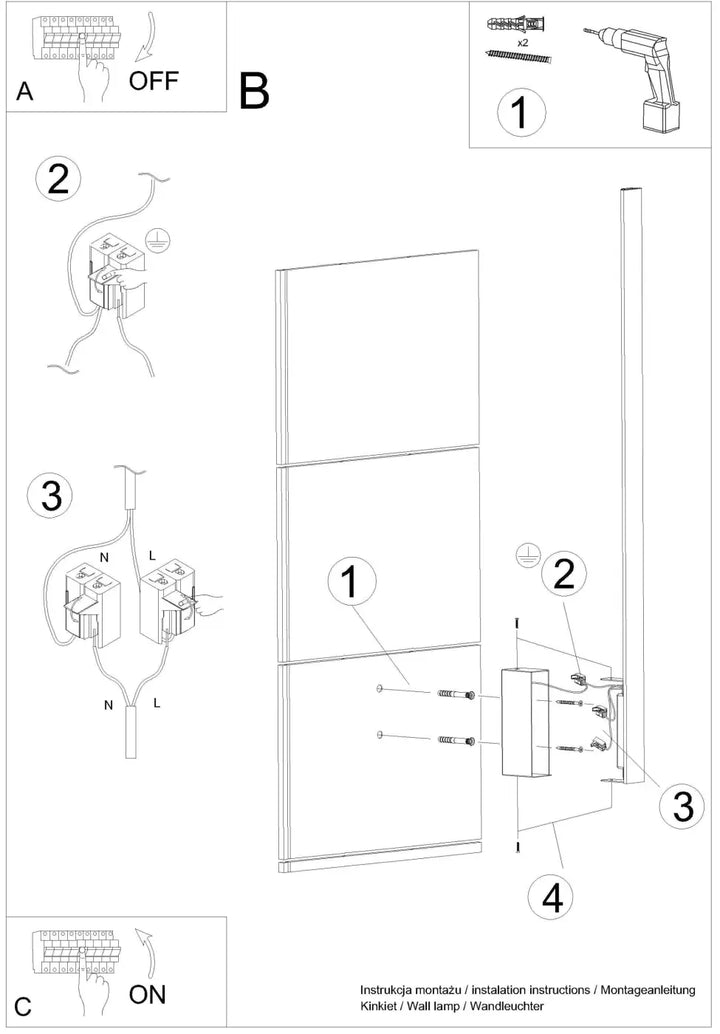 Schéma d’assemblage de l’applique murale lahti 70 beige avec module led intégré et boîtier allongé vert olive