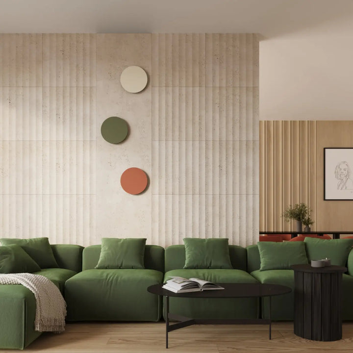 Applique murale borGen 3000k beige près d’un sofa vert avec coussins moelleux et plaid texturé dans la collection borgen comprend