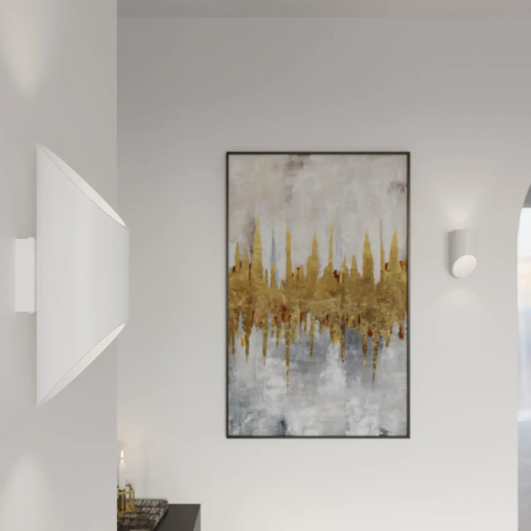 Applique murale penne 20 blanc avec peinture abstraite moderne or et gris cadre noir ideale avec module led et l’ampoule led