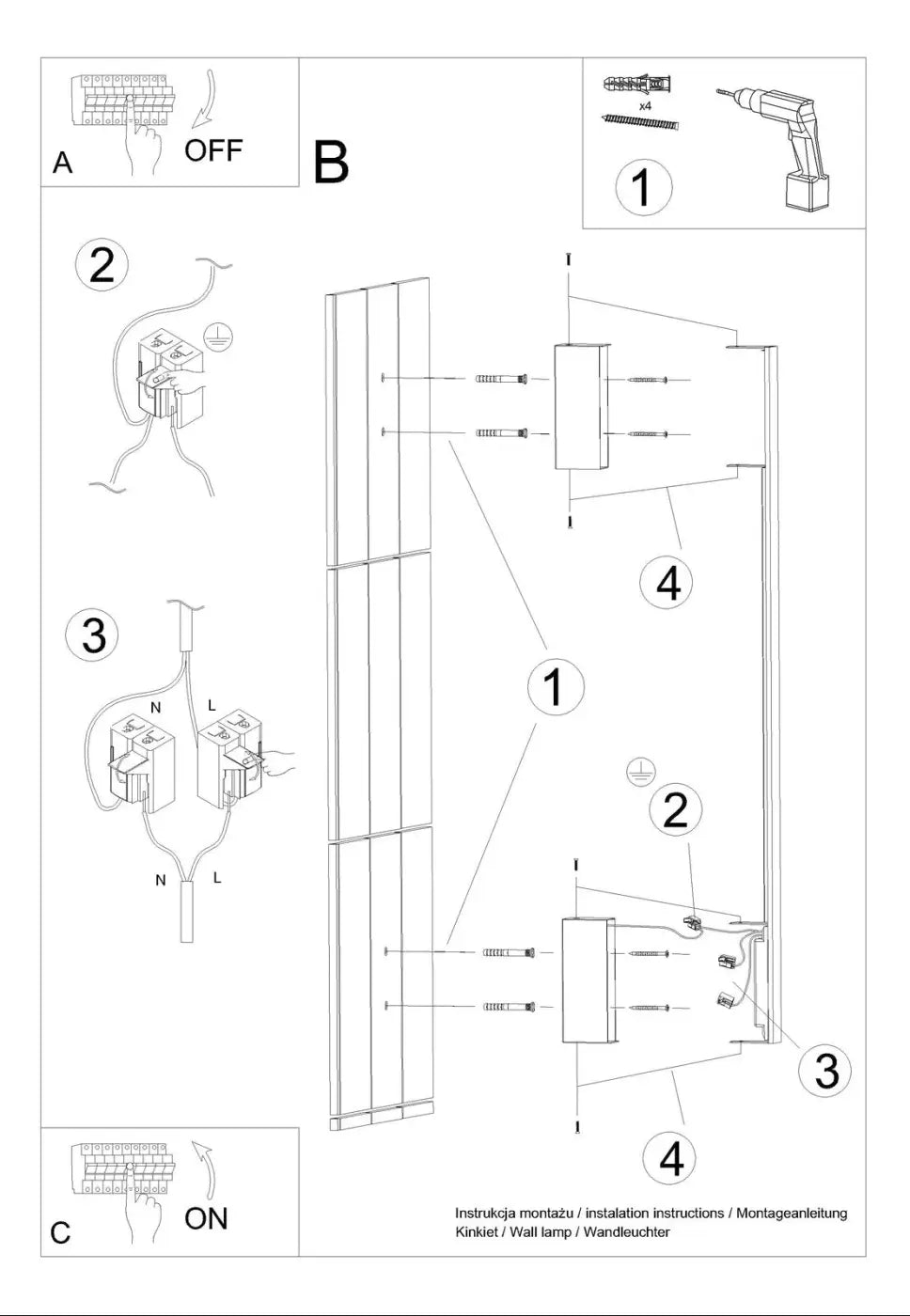 Applique murale s’appo l 4000k blanc avec deux supports de fixation et câblage visible pour module led et lampadaire lahti