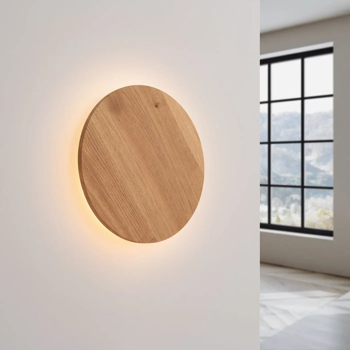 Applique murale borgne 3000k en bois circulaire avec lumière chaude et diffuse idéale parmi les appliques murales modernes