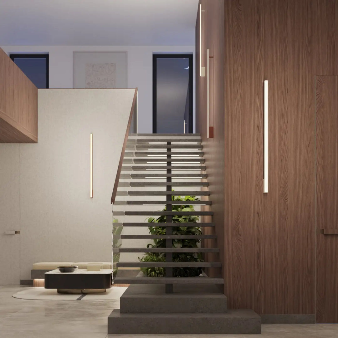 Applique murale lagom 120 beige avec design minimaliste et excellente finition éclairant escalier en béton moderne