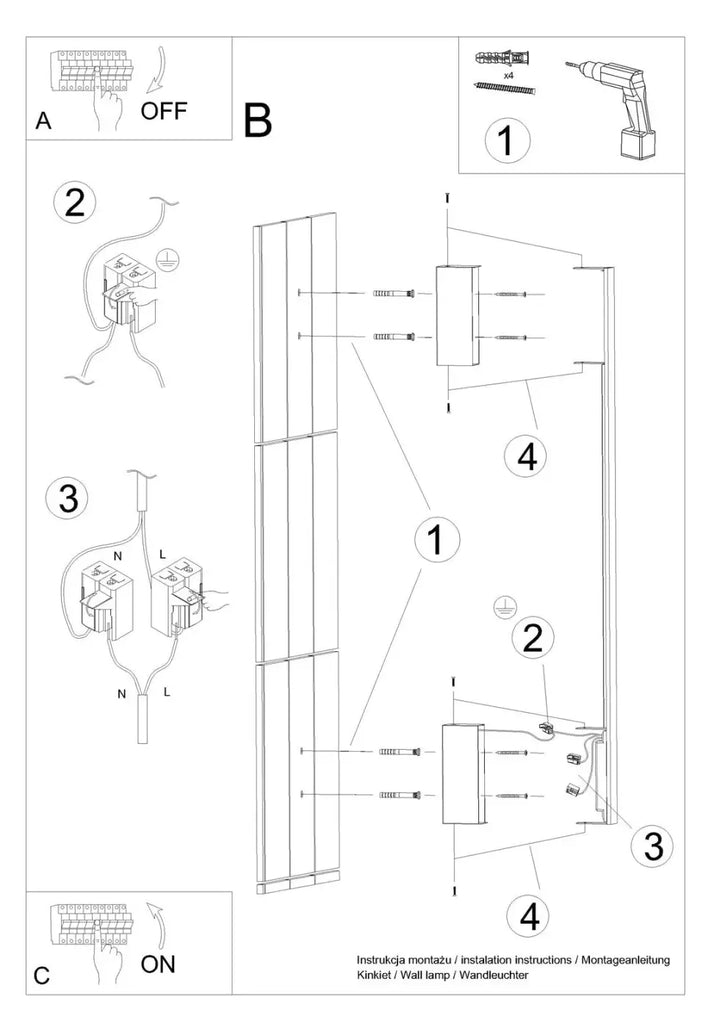 Diagramme technique en noir et blanc montrant linstallation de lapplique murale sappo l 4000k doré avec module led et solutions imprévisibles